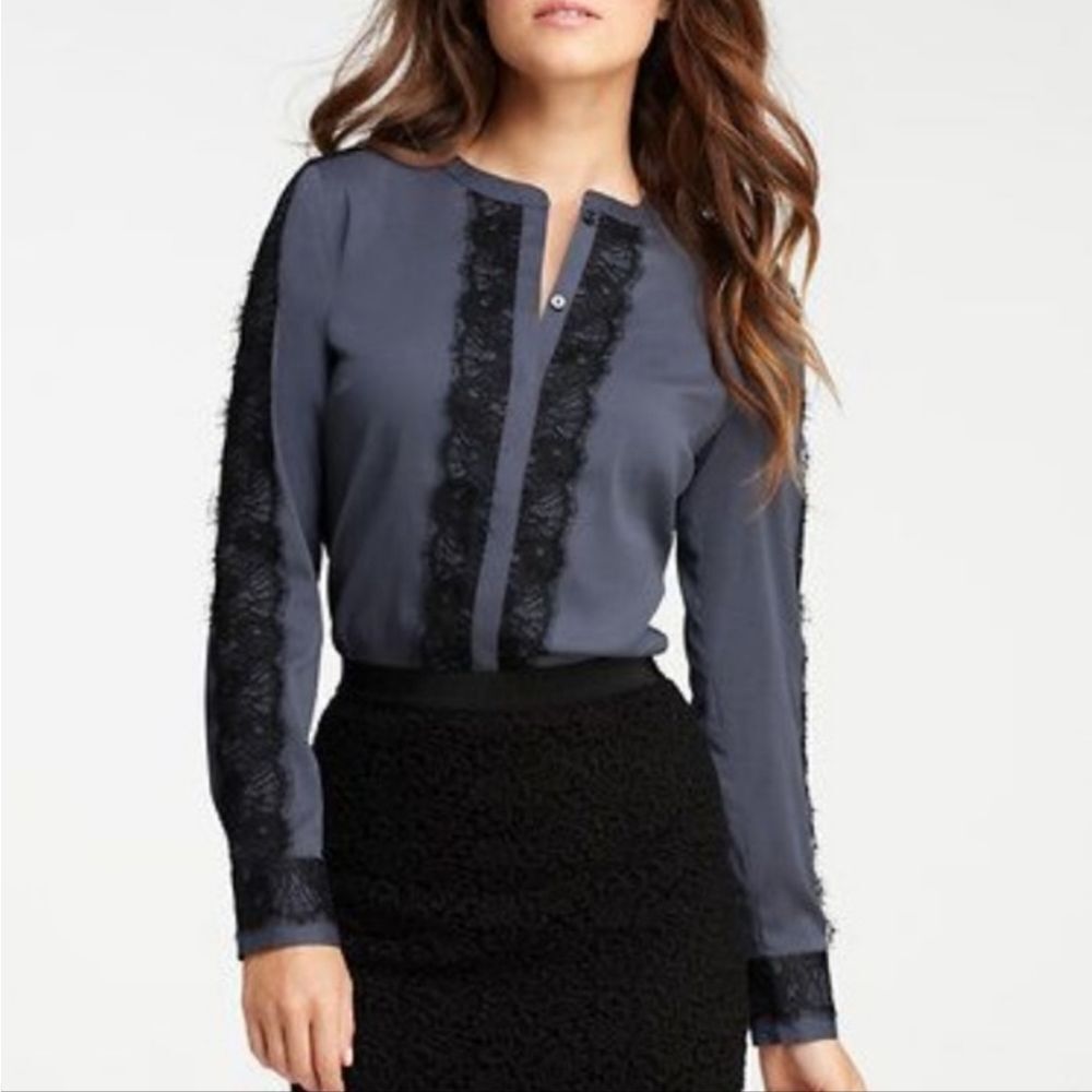 🔹️NWT Ann Taylor Eggplant & Black Lace Buttoned Long Sleeve Top Petite 8